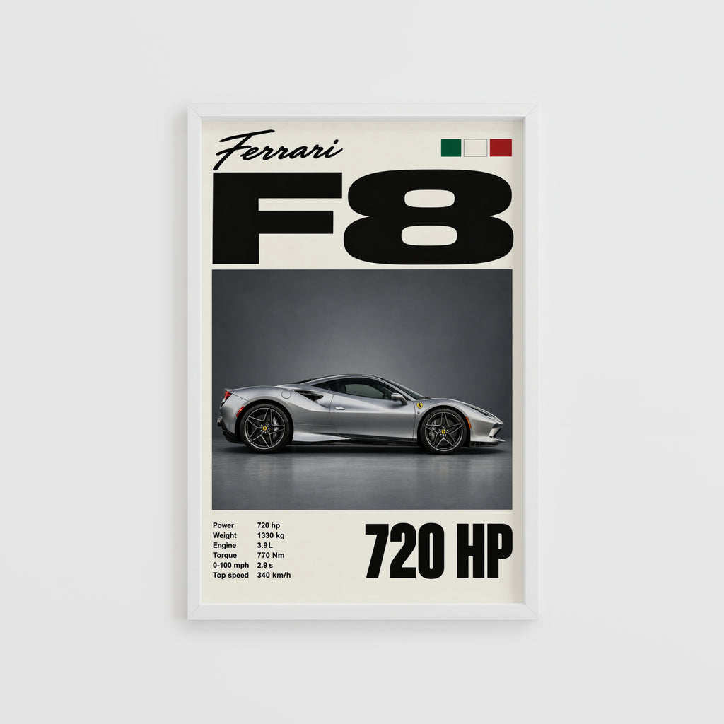 Vintage Ferrari F8 Print, Supercar Wall Art