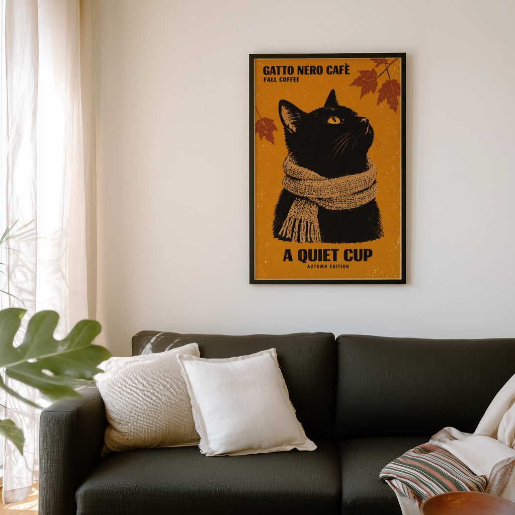 Vintage Black Cat Coffee Print, Autumn Poster