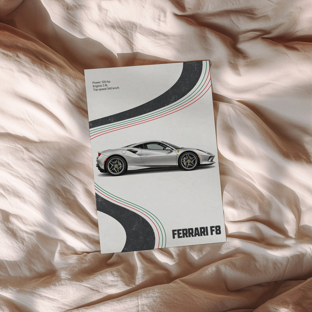Vintage Ferrari F8 Print, Supercar Wall Art