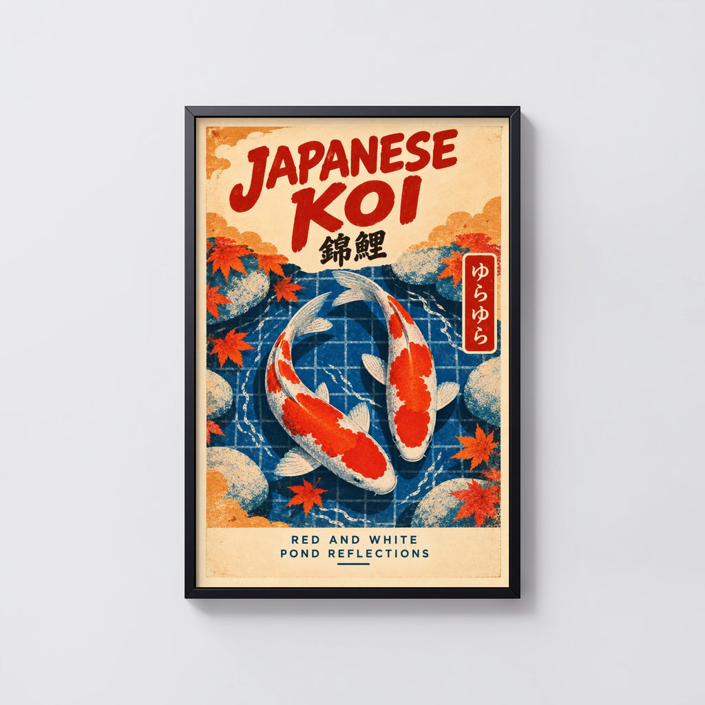 Vintage Japanese Koi Print, Koi Fish Poster, Maple Leaves