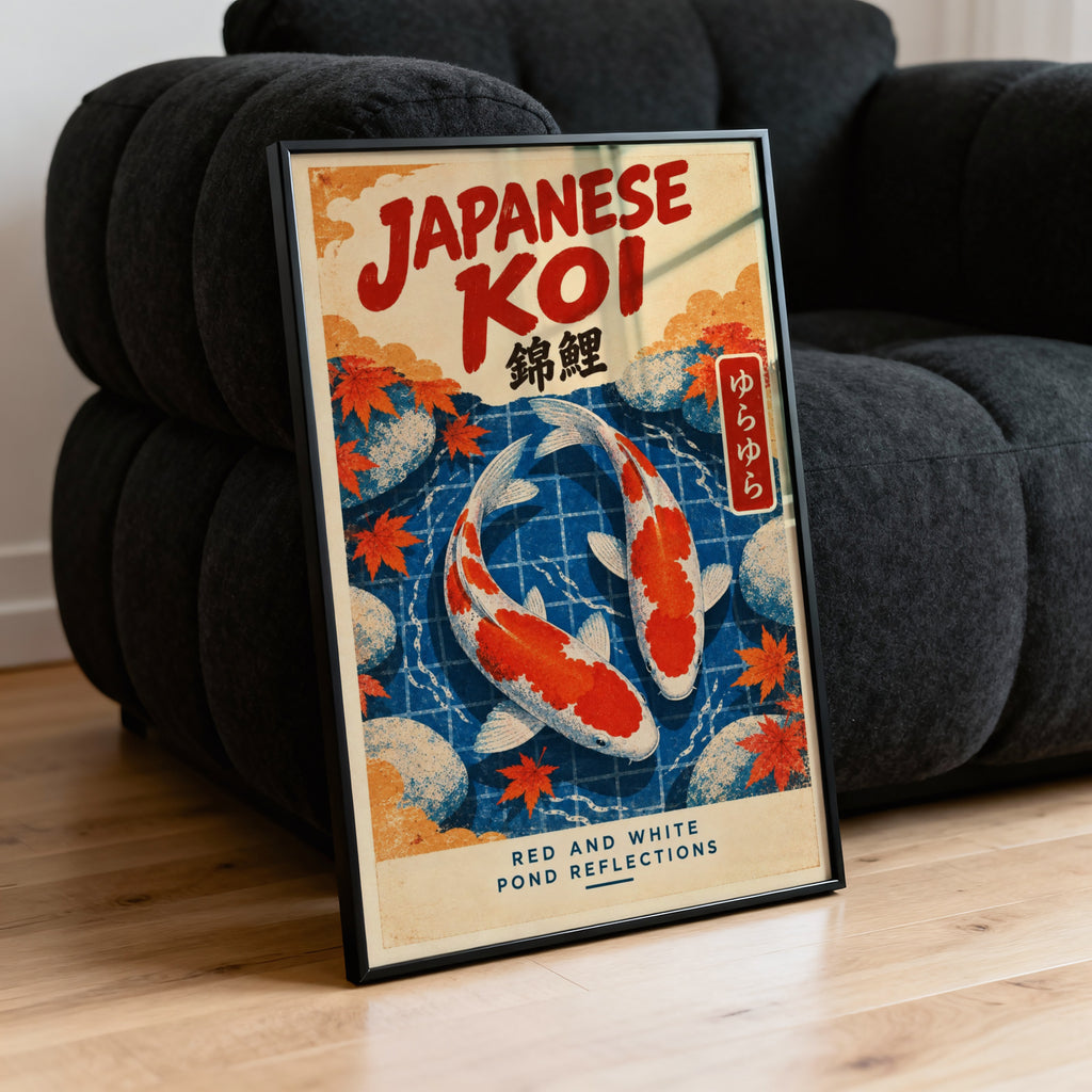 Vintage Japanese Koi Print, Koi Fish Poster, Maple Leaves