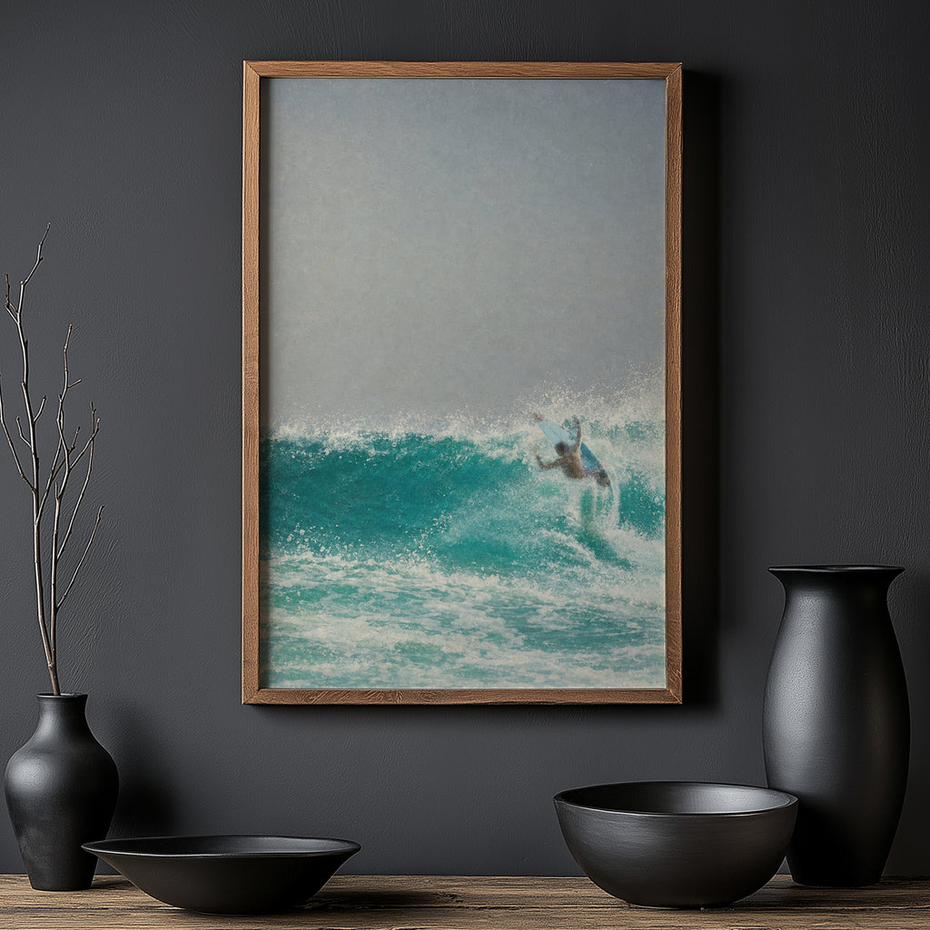 Vintage Surf Print Poster, Turquoise Wave Wall Art