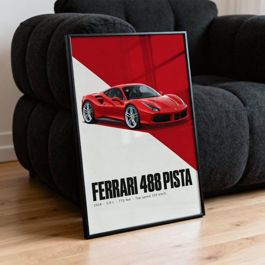 Vintage Ferrari 488 Pista Print, Supercar Wall Art