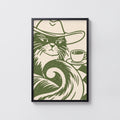 Vintage Cowboy Cat Coffee Print Poster, Green Wall Art