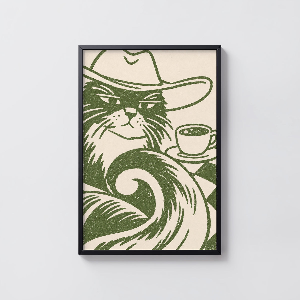 Vintage Cowboy Cat Coffee Print Poster, Green Wall Art