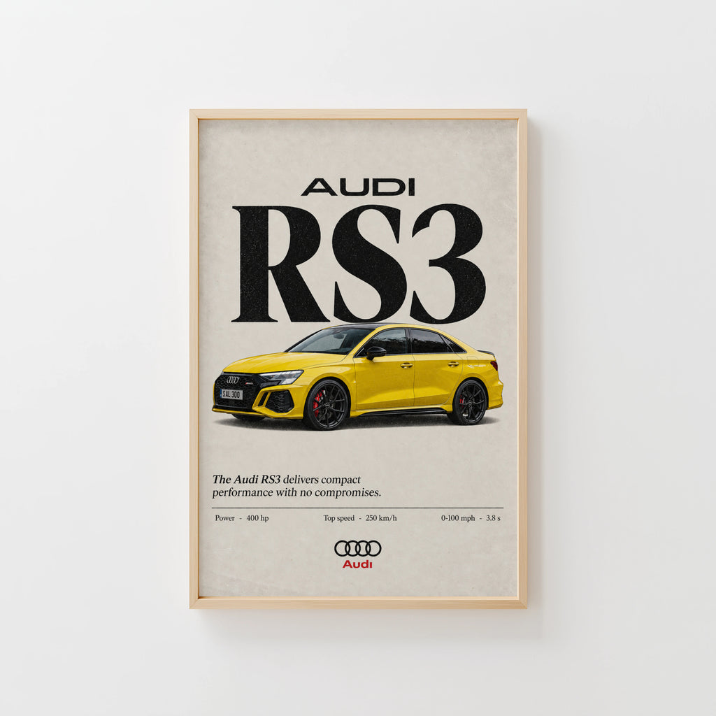 Vintage Audi RS3 Print, Yellow Sports Car Wall Art