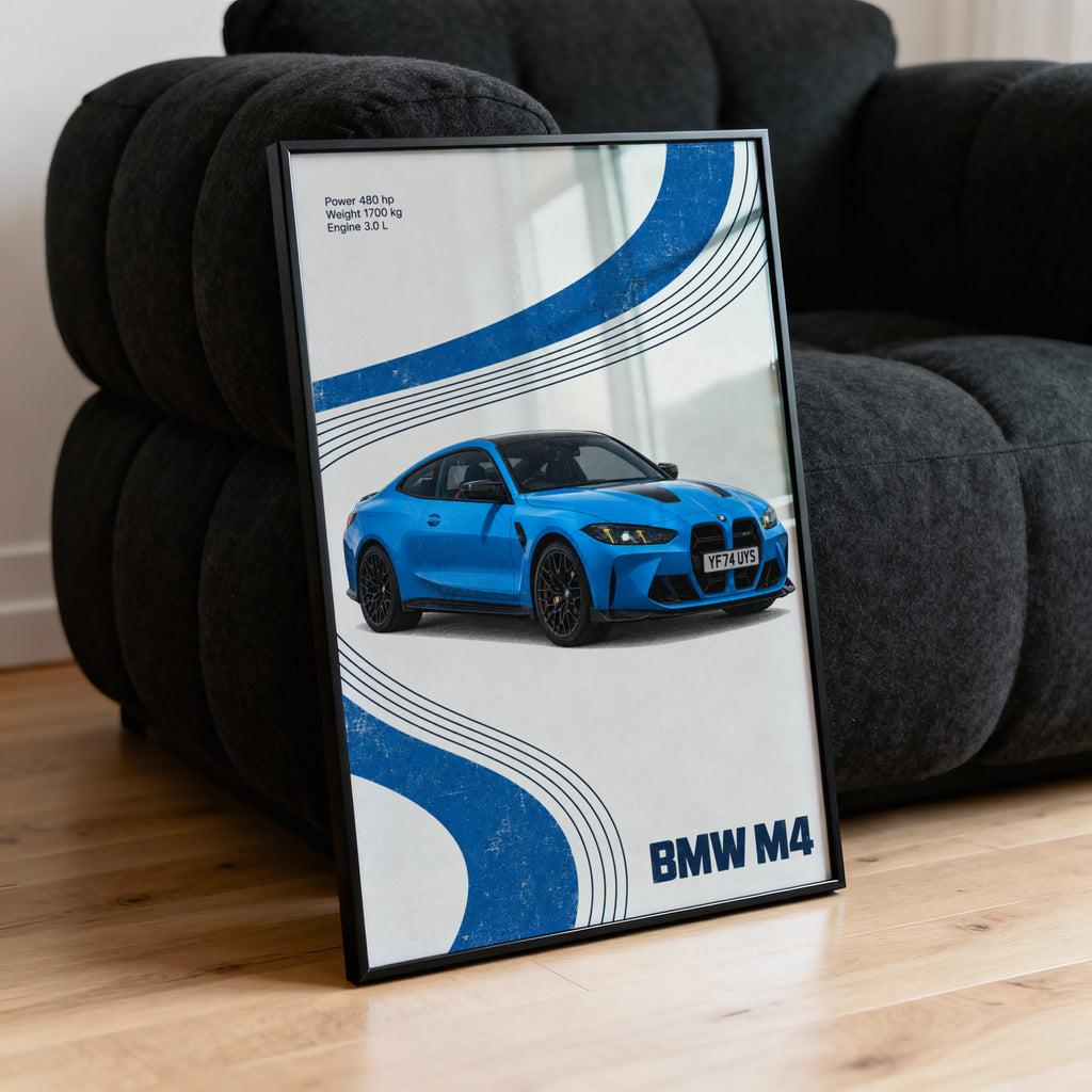 Vintage BMW M4 Print, Blue Retro Car Wall Art