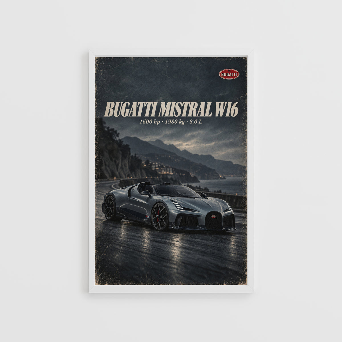 Vintage Bugatti Mistral W16 Print, Supercar Wall Art