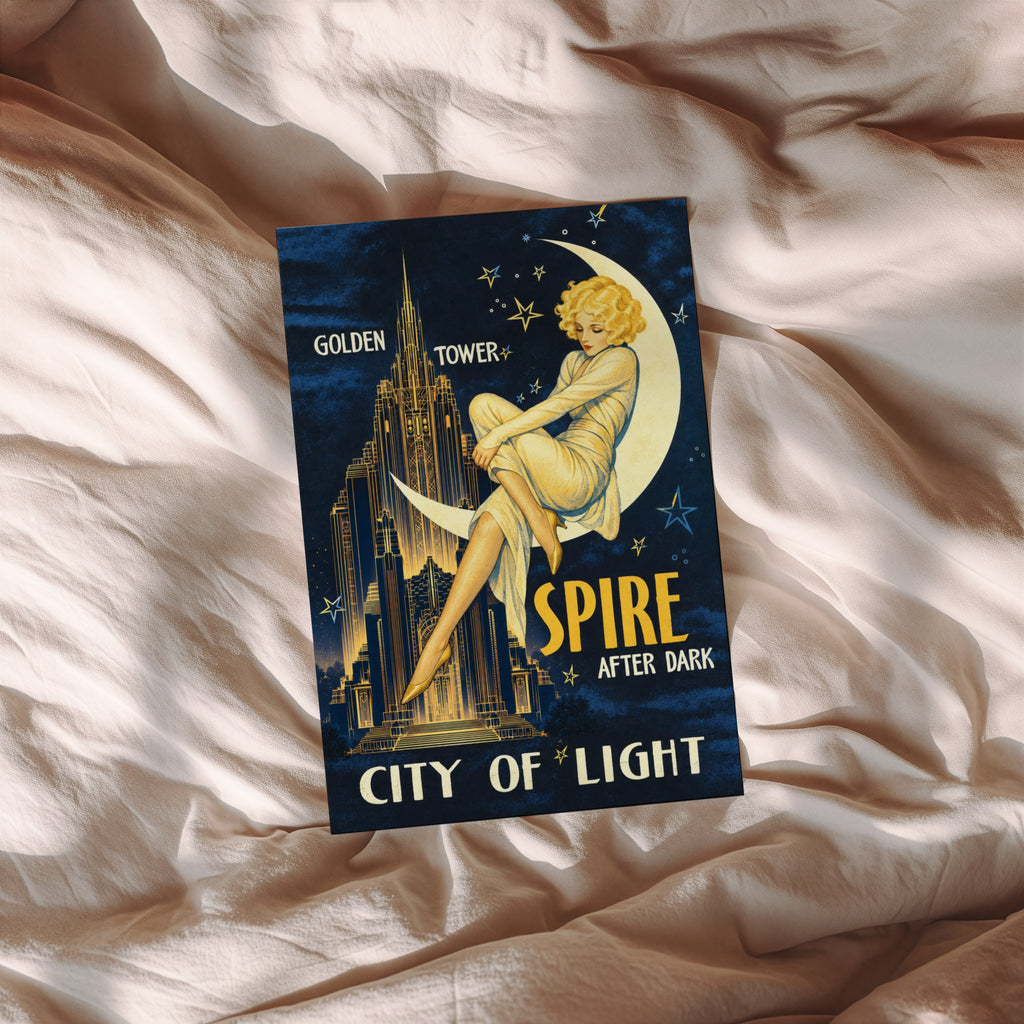Vintage Art Deco Moon Lady Poster, Night City Wall Art Print