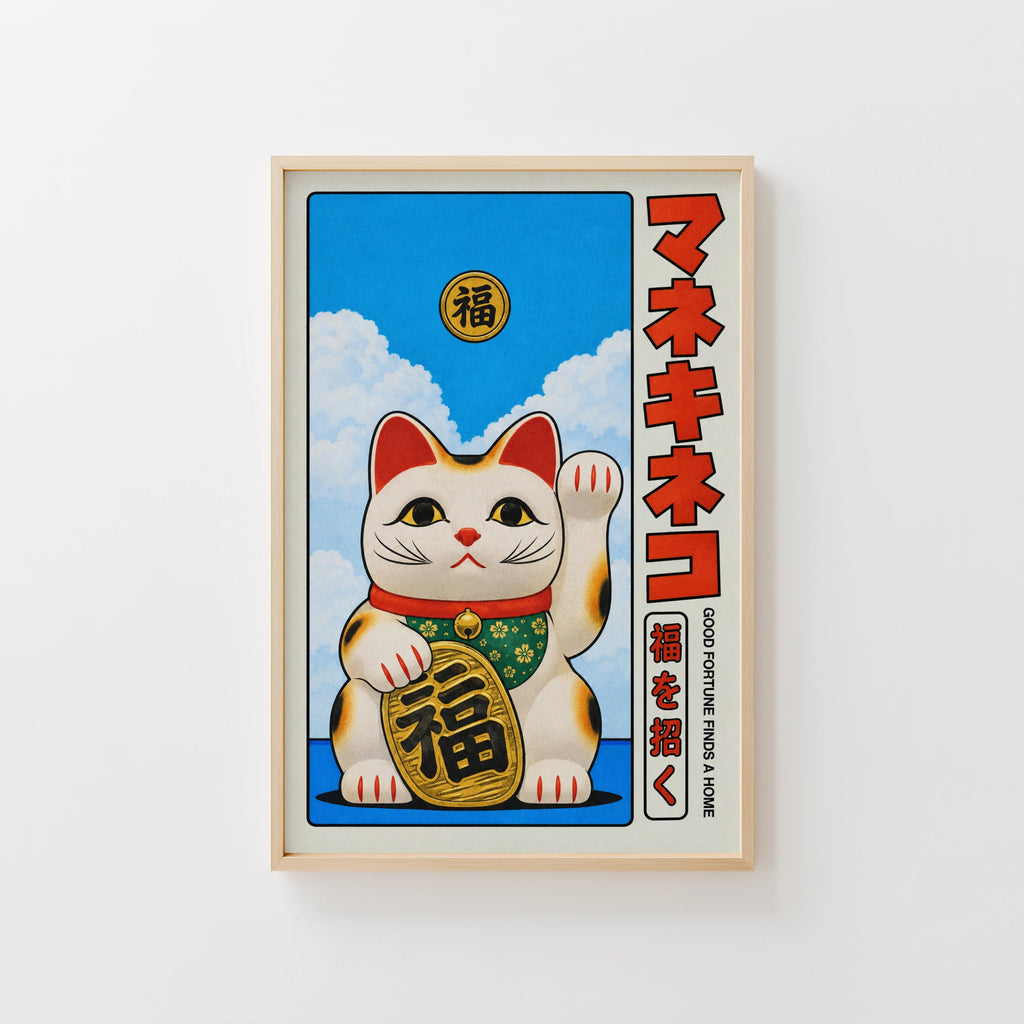 Vintage Maneki Neko Cat Print, Japanese Lucky Cat Poster