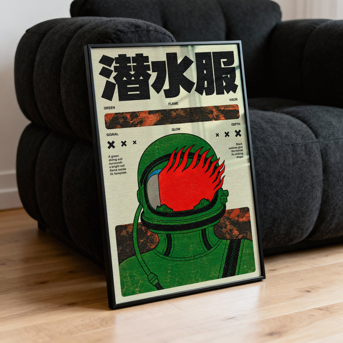 Vintage Japanese Diving Suit Print, Retro Flame Poster