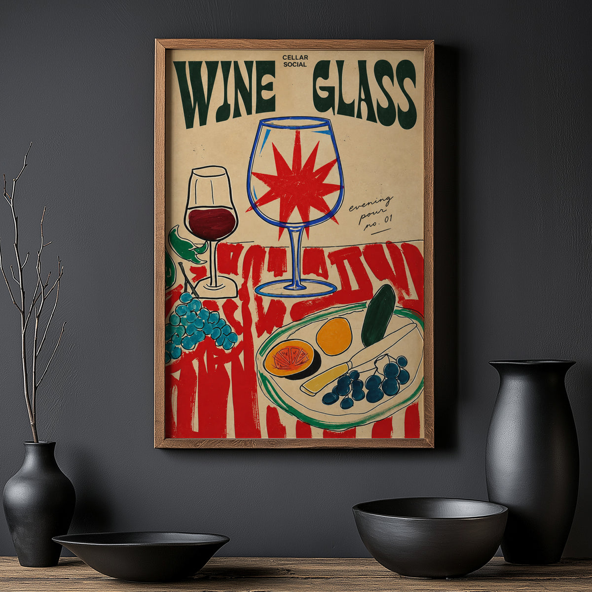 Vintage Wine Glass Print Poster, Cellar Social Wall Art