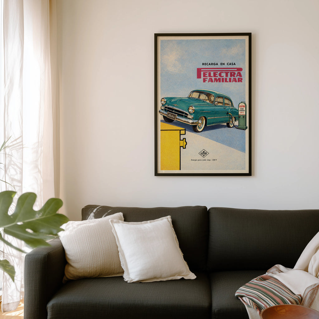 Vintage Teal Car Poster, Retro Advert Wall Art, Print