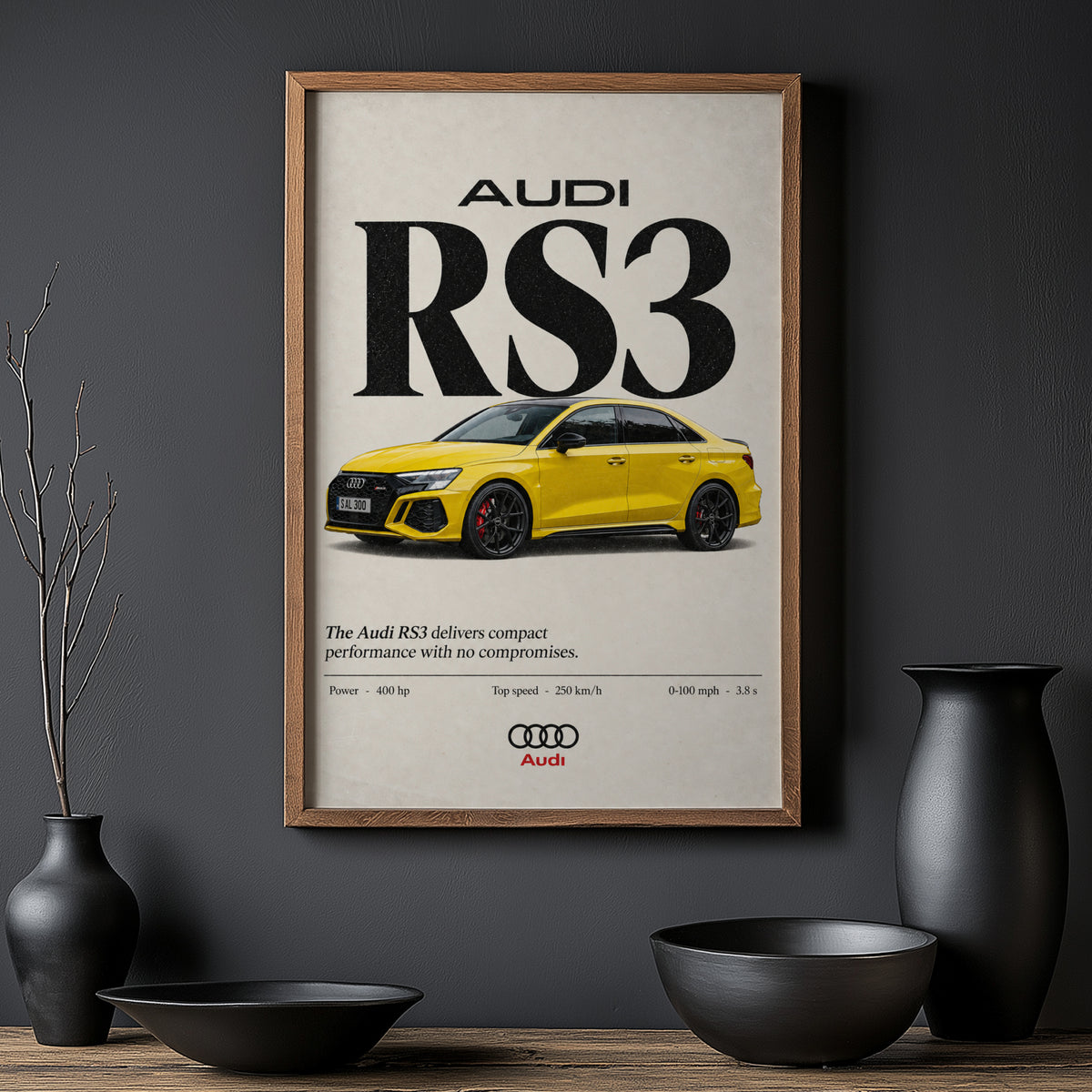 Vintage Audi RS3 Print, Yellow Sports Car Wall Art