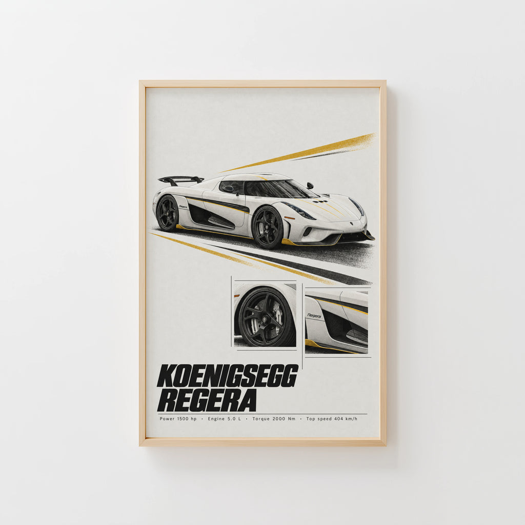 Vintage Koenigsegg Regera Print, Supercar Wall Art