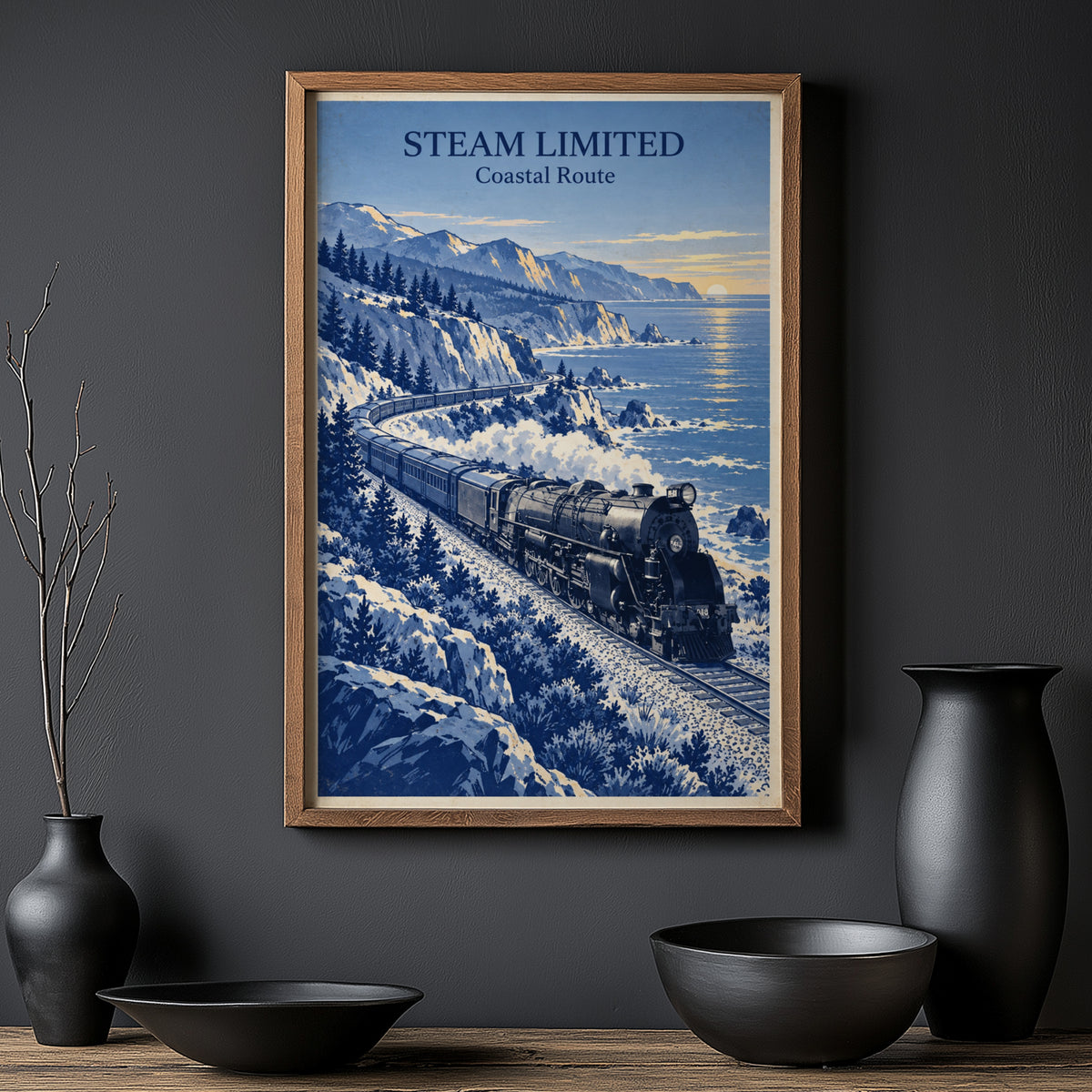 Vintage Steam Train Print Poster, Coastal Wall Art
