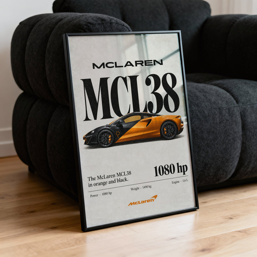 Vintage McLaren MCL38 Print, Orange Supercar Art
