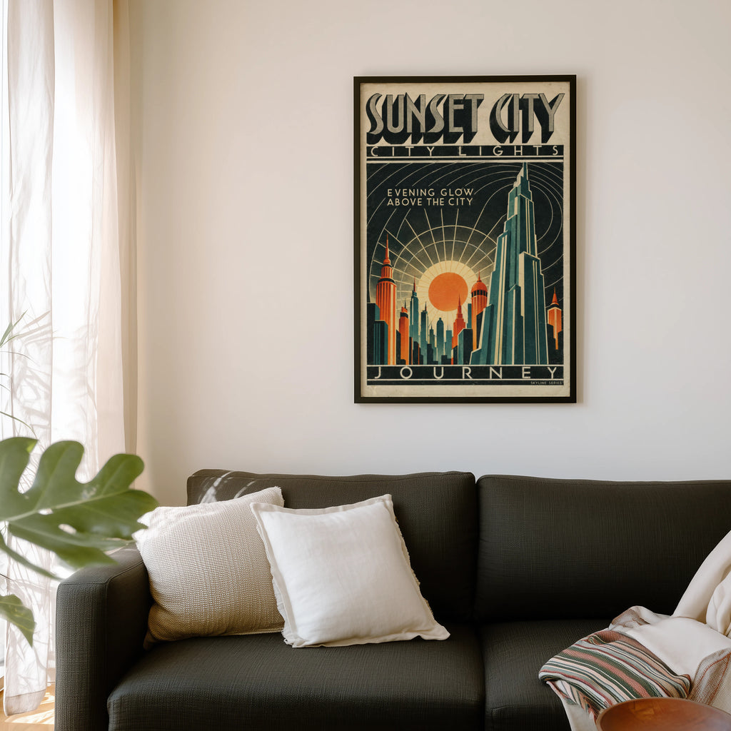 Vintage Sunset City Poster, Art Deco Skyline Print