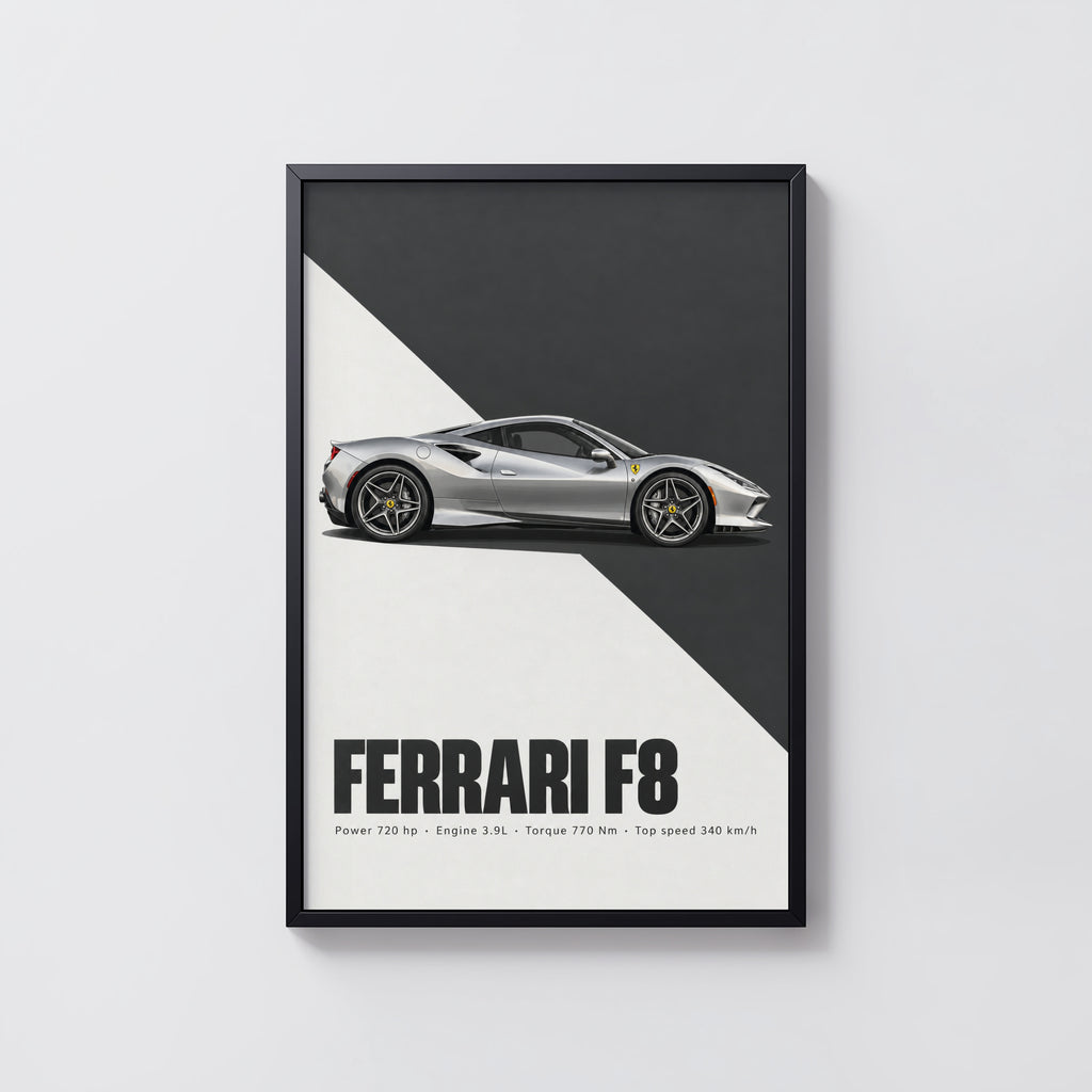 Vintage Ferrari F8 Print, Supercar Wall Art
