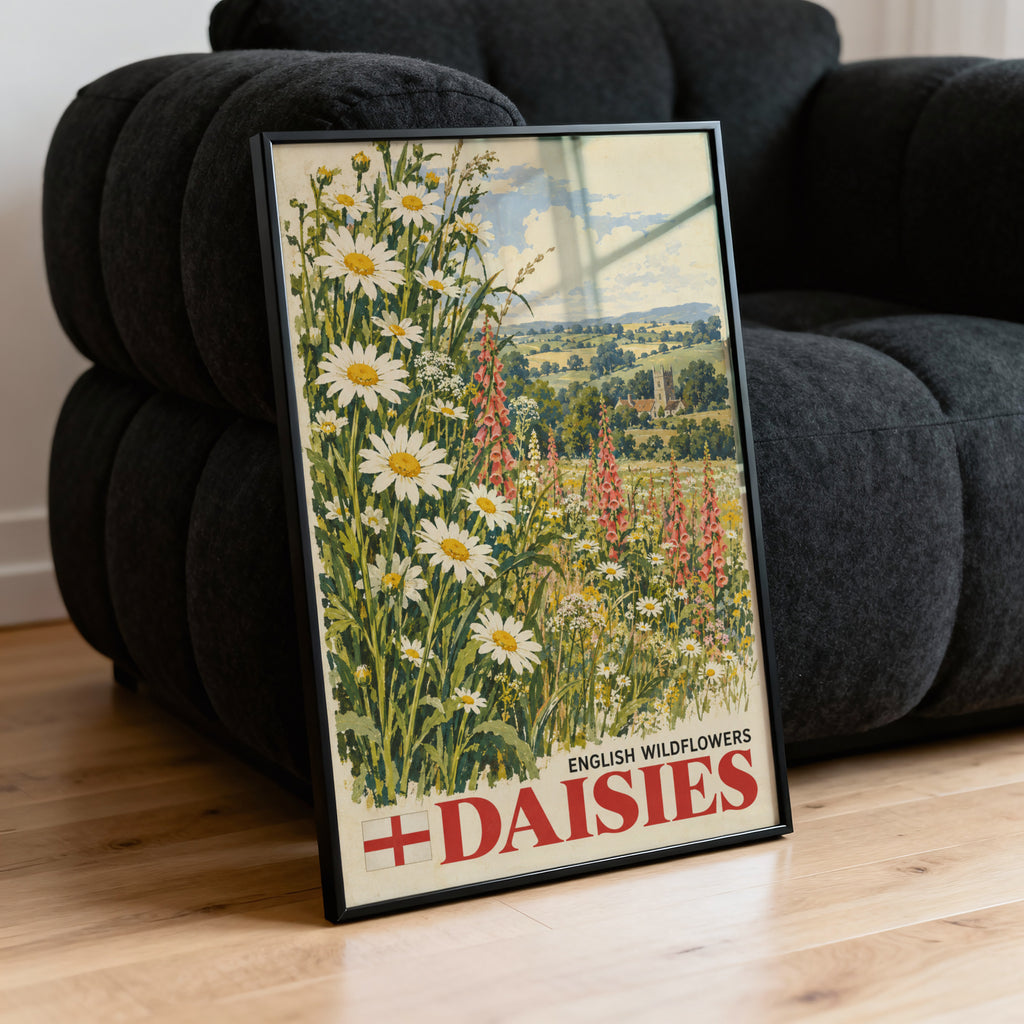 Vintage English Daisies Poster, Wildflower Wall Art Print