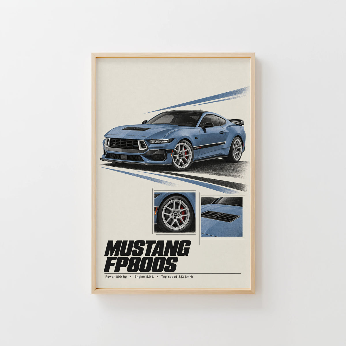 Vintage Mustang Print, Blue Muscle Car Wall Art