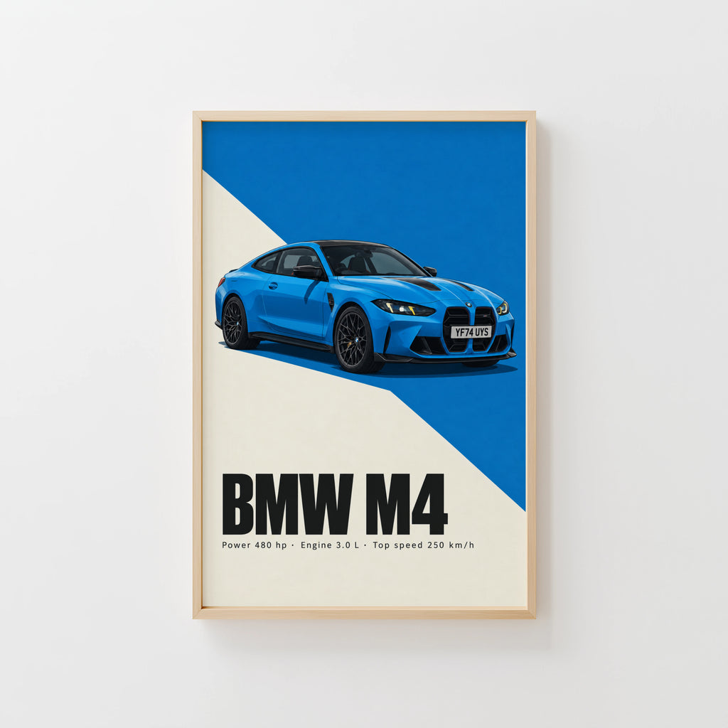 Vintage BMW M4 Print, Blue Car Wall Art