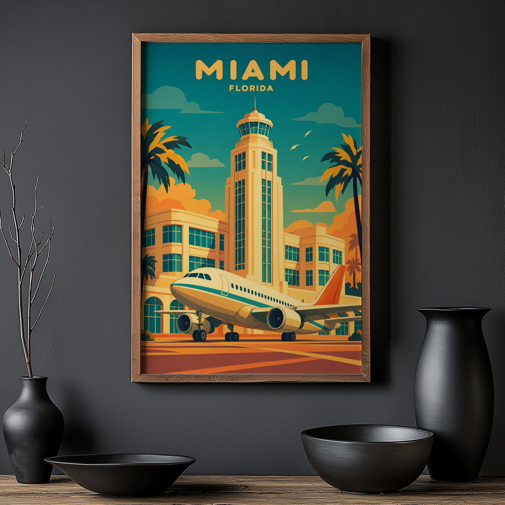 Vintage Miami Florida Poster, Art Deco Airport Wall Art