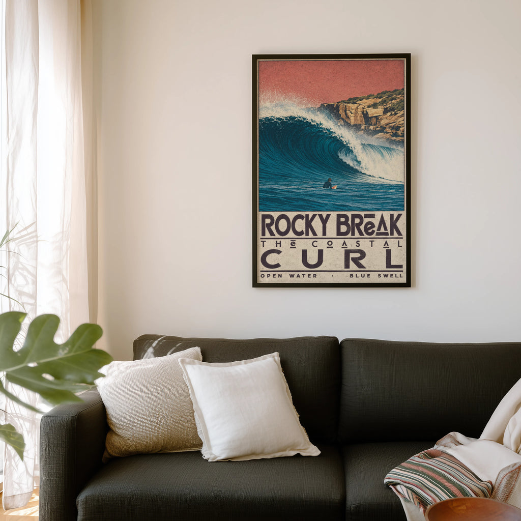 Vintage Surf Print, Rocky Break Poster, Coastal Wave