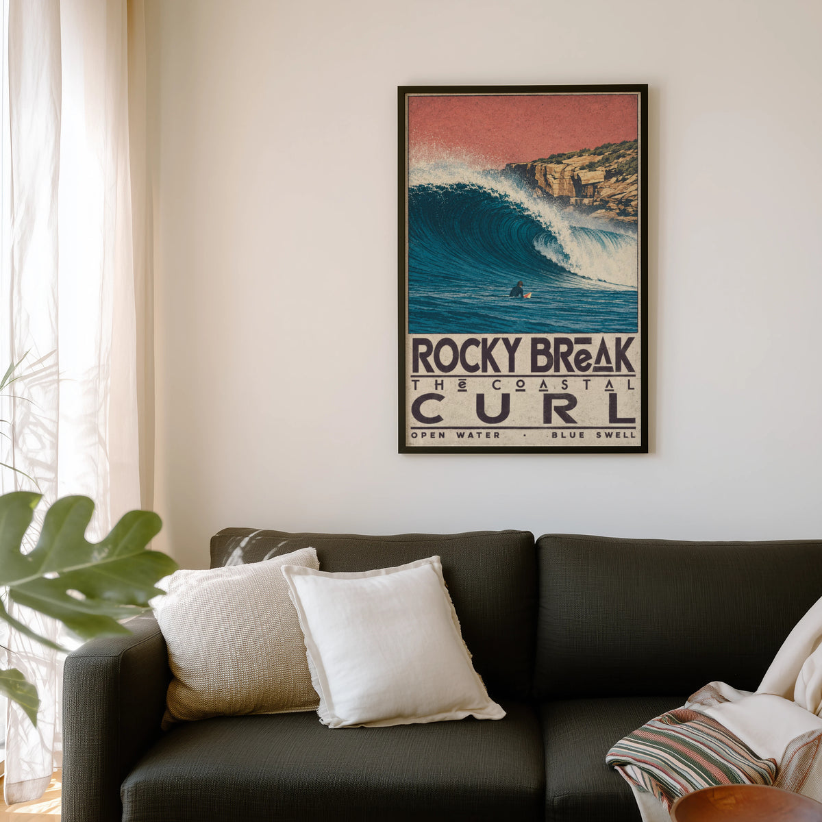 Vintage Surf Print, Rocky Break Poster, Coastal Wave