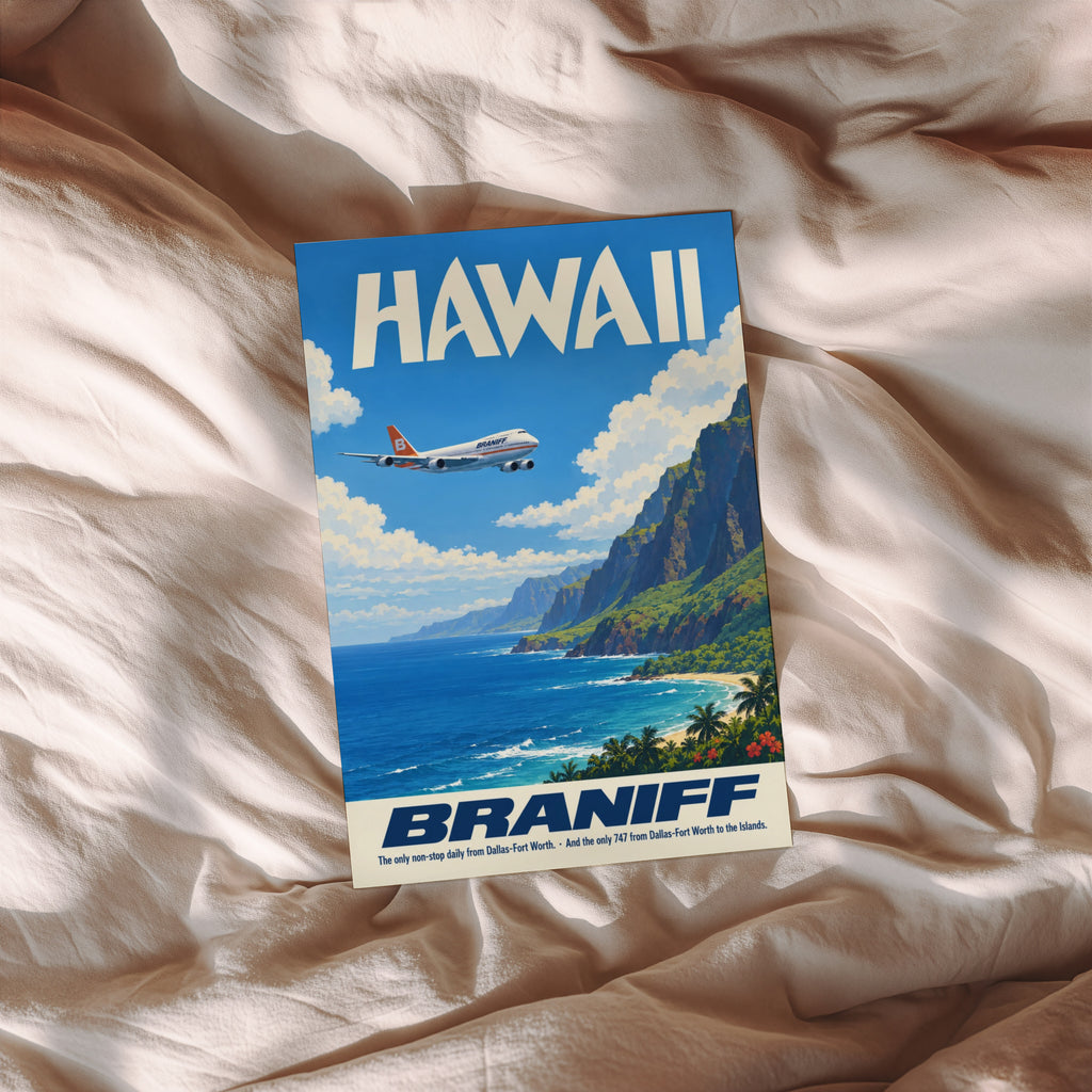 Vintage Hawaii Poster, Braniff 747 Wall Art, Airline Print