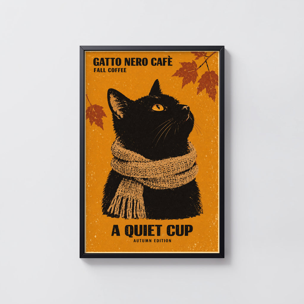 Vintage Black Cat Coffee Print, Autumn Poster