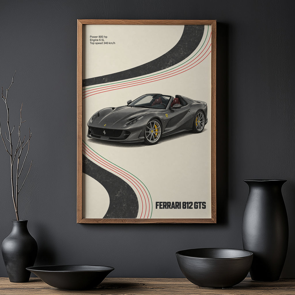 Vintage Ferrari 812 GTS Print, Supercar Wall Art