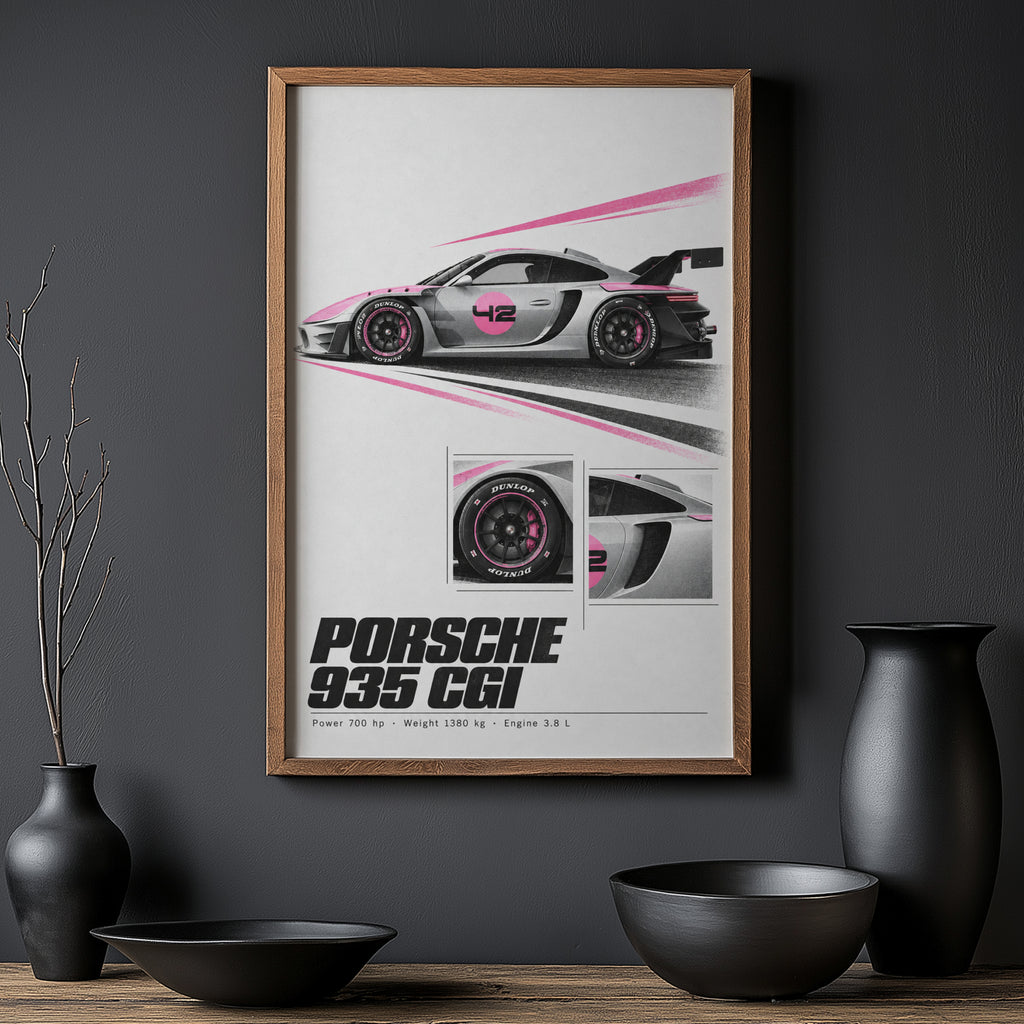 Vintage Porsche 935 Race Car Print, Pink Racing Art