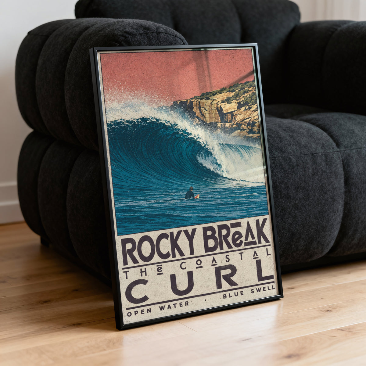 Vintage Surf Print, Rocky Break Poster, Coastal Wave