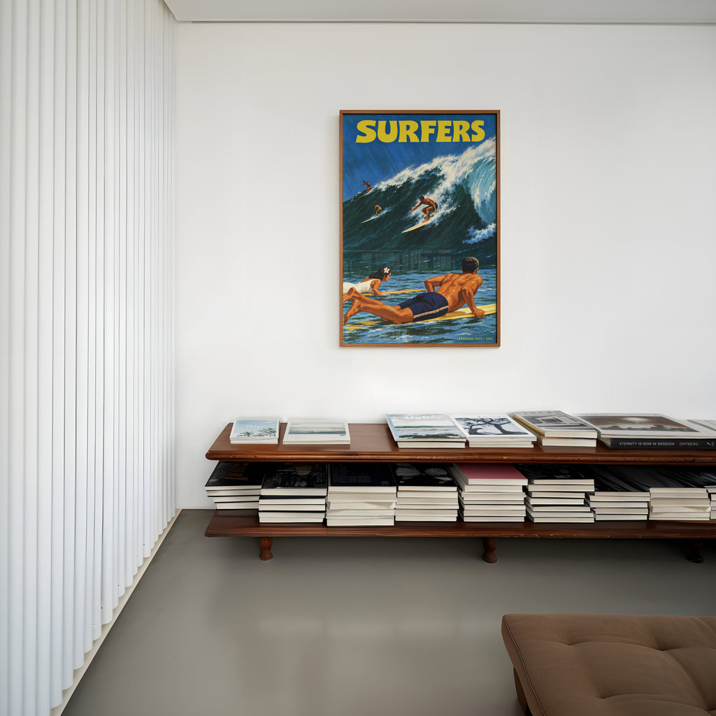 Vintage Surf Print Poster, Longboard Surfers Wave Art