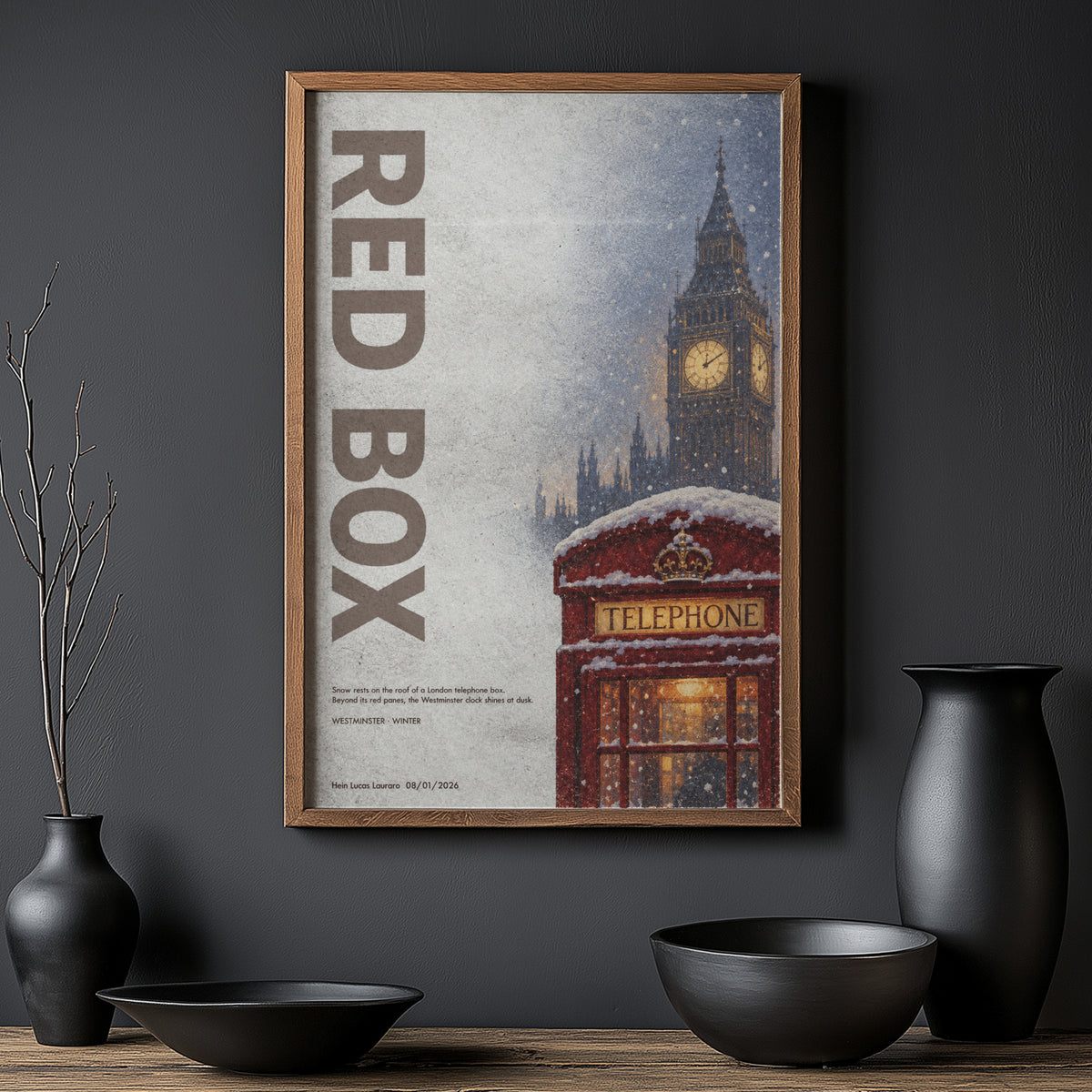 Vintage London Red Telephone Box Poster, Winter Print