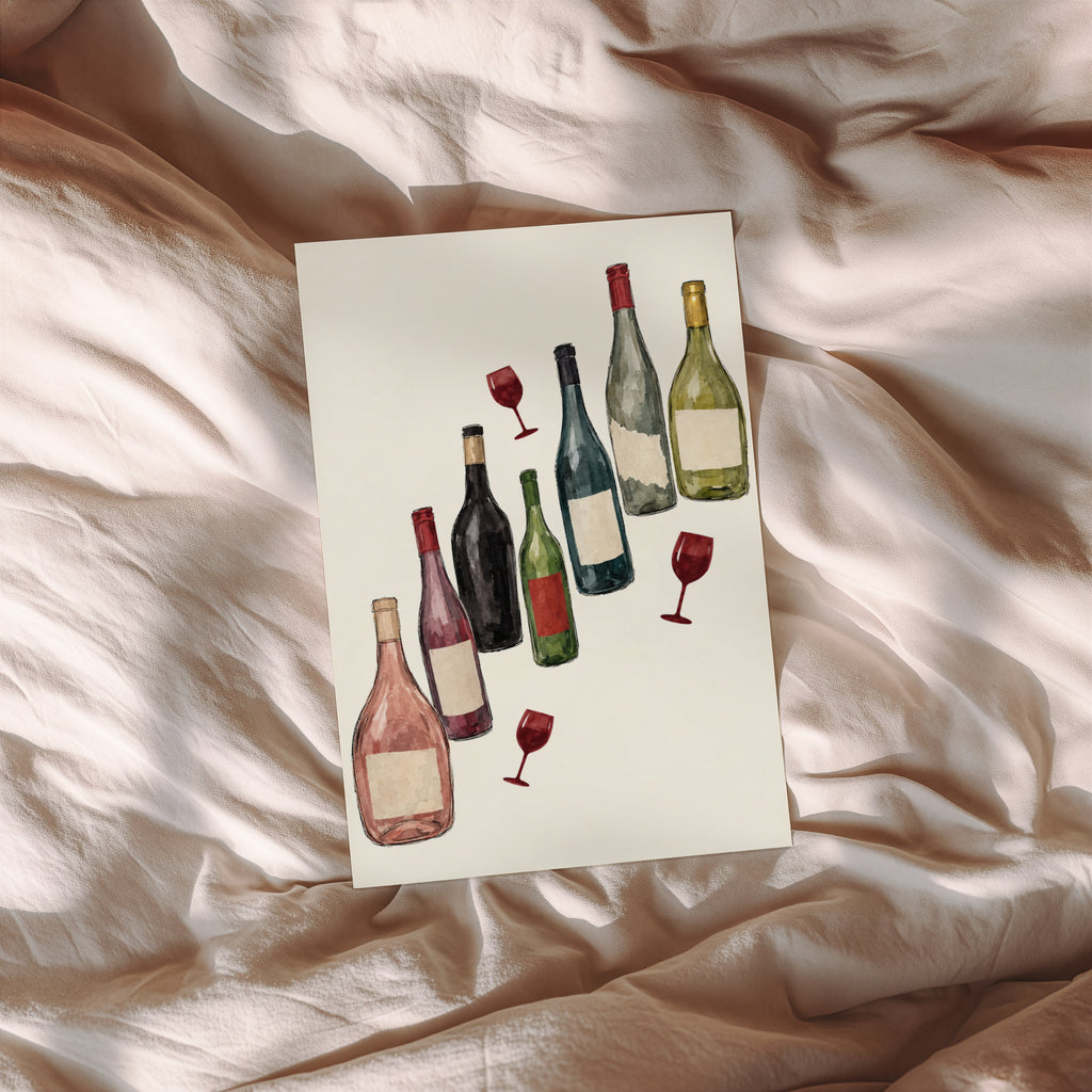 Vintage Wine Bottles Print Poster, Kitchen Wall Art