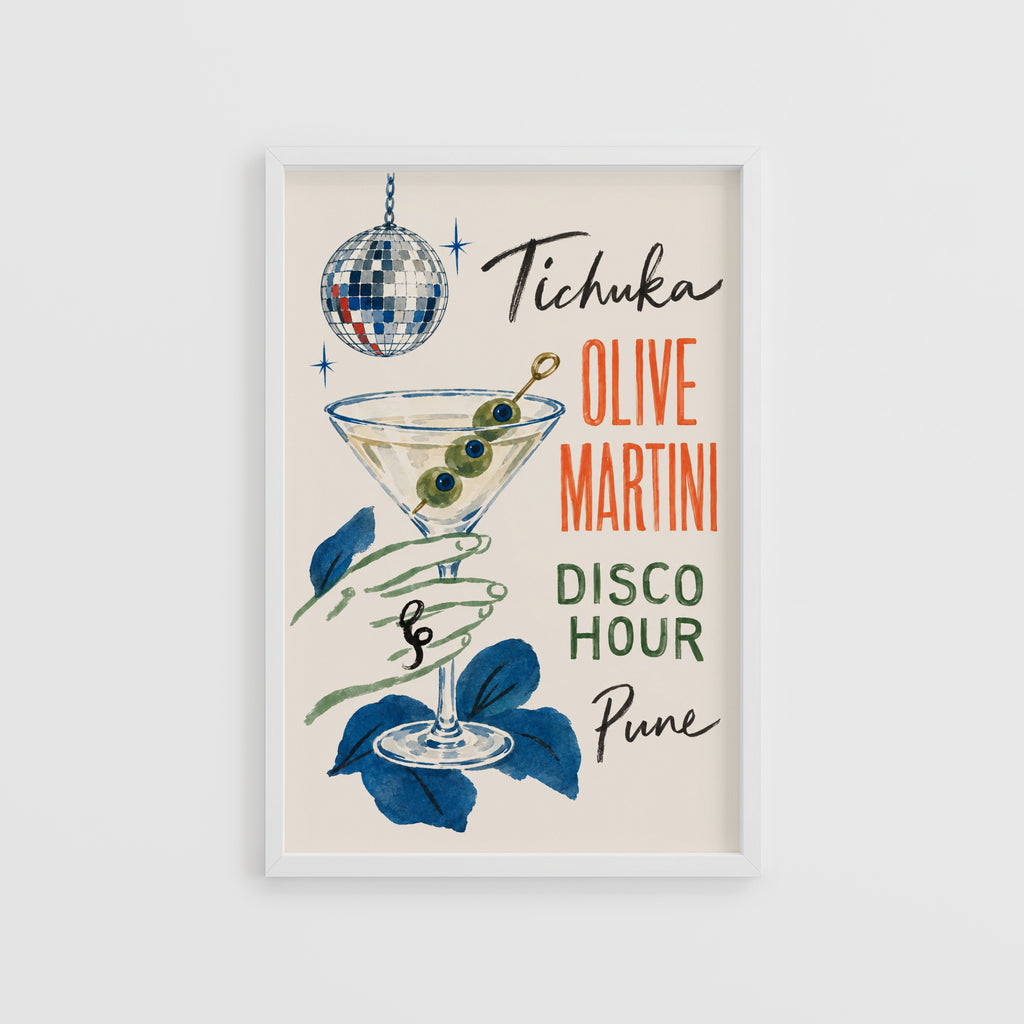 Vintage Olive Martini Print Poster, Disco Bar Wall Art