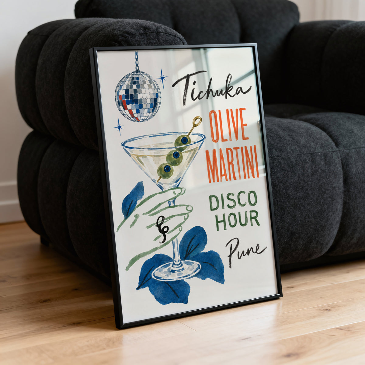 Vintage Olive Martini Print Poster, Disco Bar Wall Art
