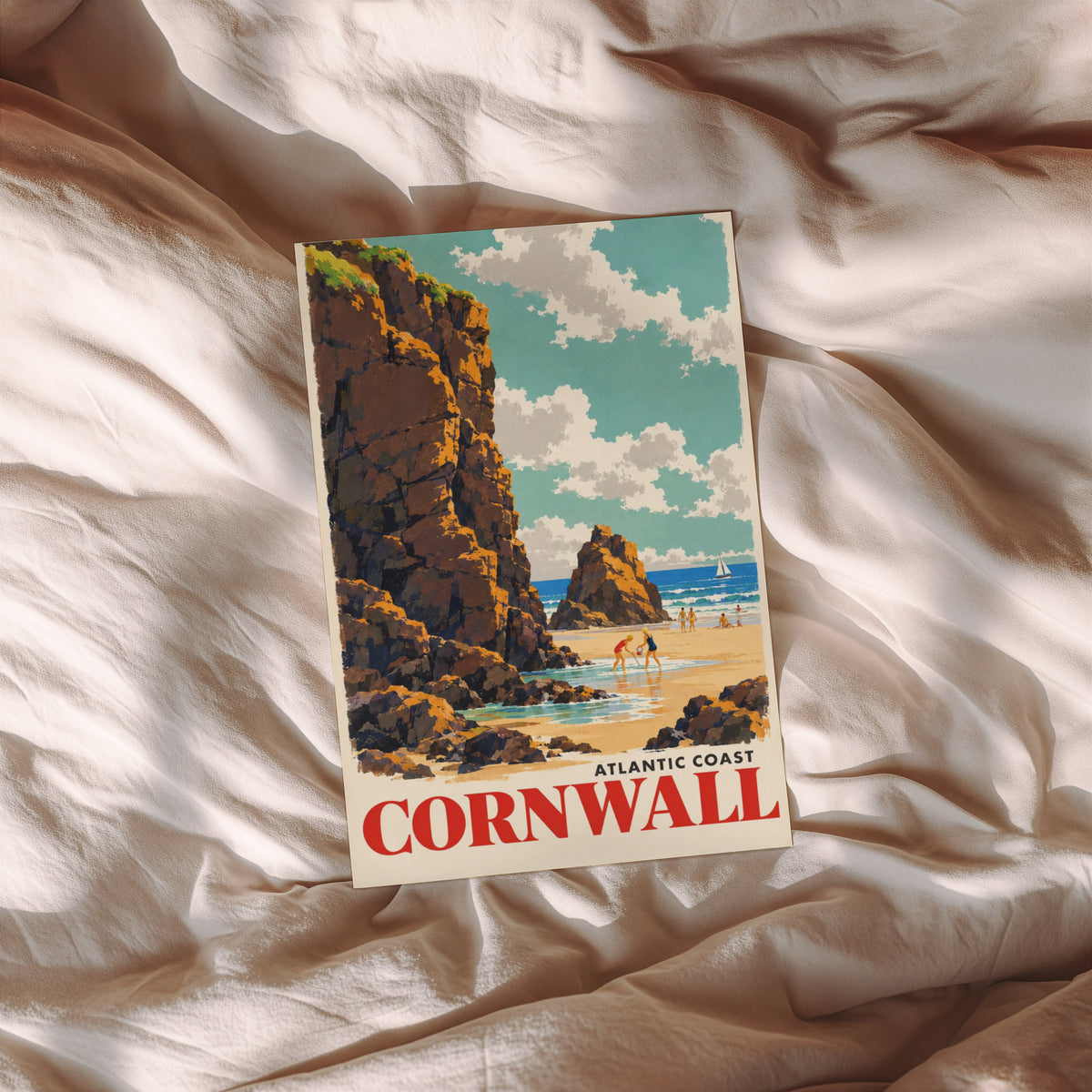 Vintage Cornwall Poster, Coastal Wall Art, Beach Print