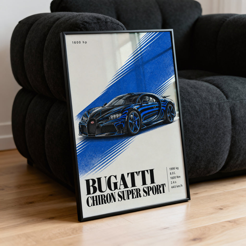Vintage Bugatti Chiron Print, Blue Car Poster, Wall Art