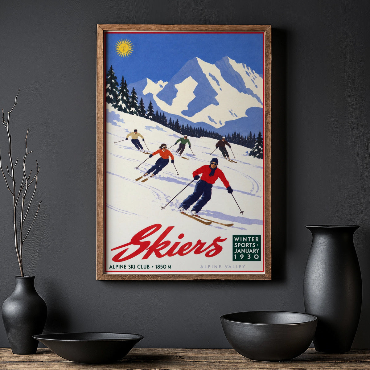 Vintage 1930 Alpine Ski Club Skiers Print, Winter Poster