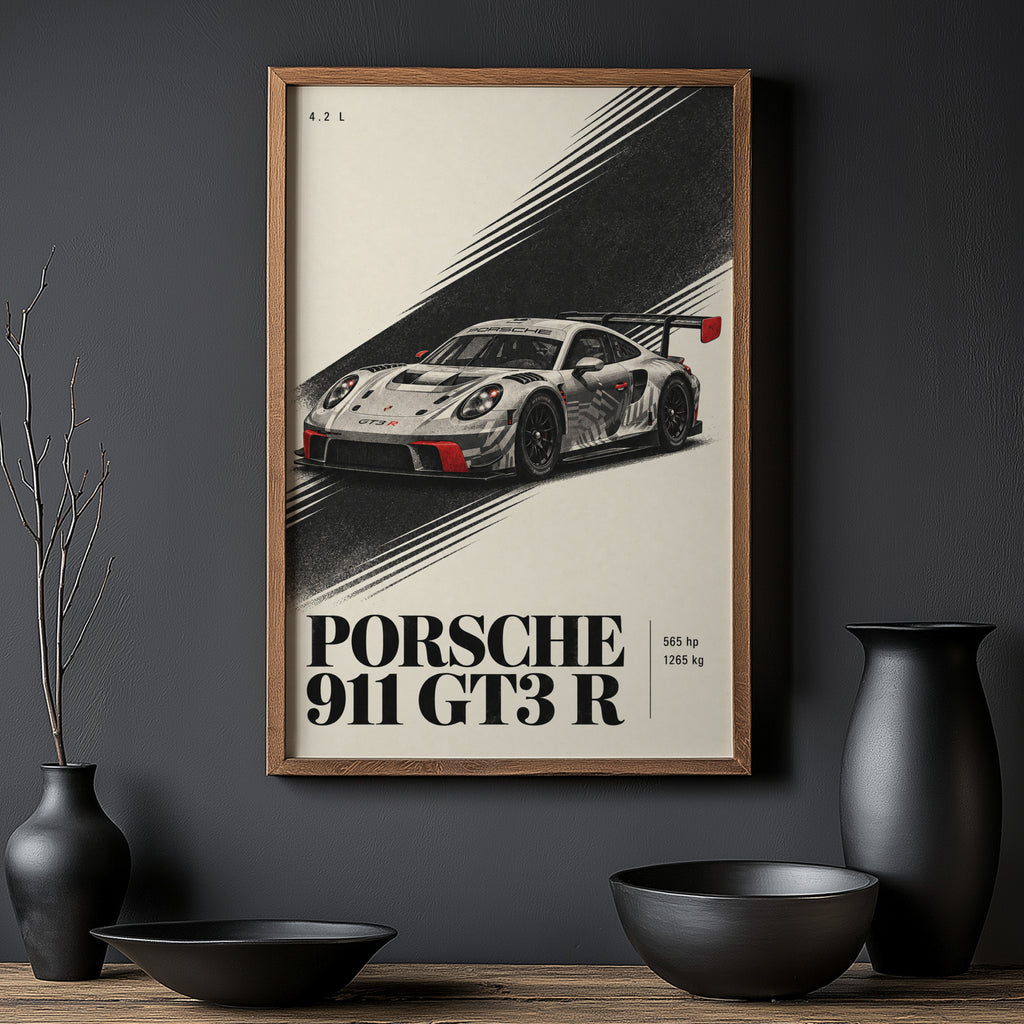 Vintage Porsche 911 GT3 R Print, Race Car Wall Art