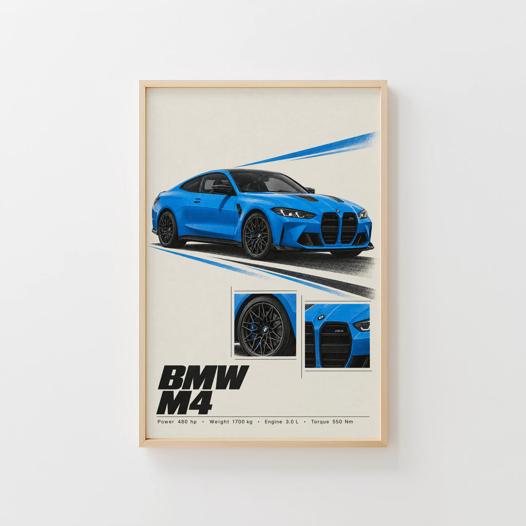 Vintage BMW M4 Print, Blue Car Wall Art