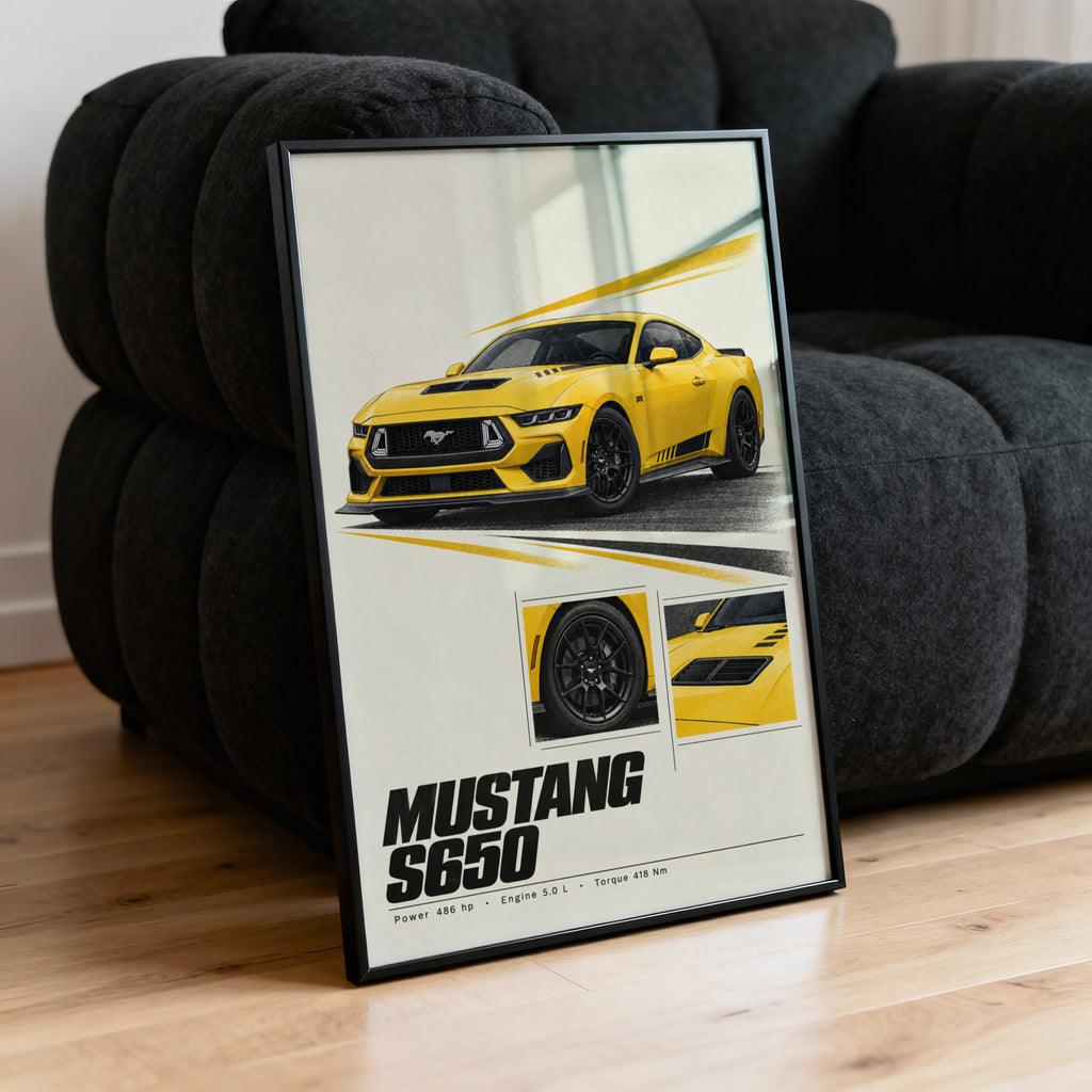 Vintage Mustang Print, Yellow Muscle Car Wall Art