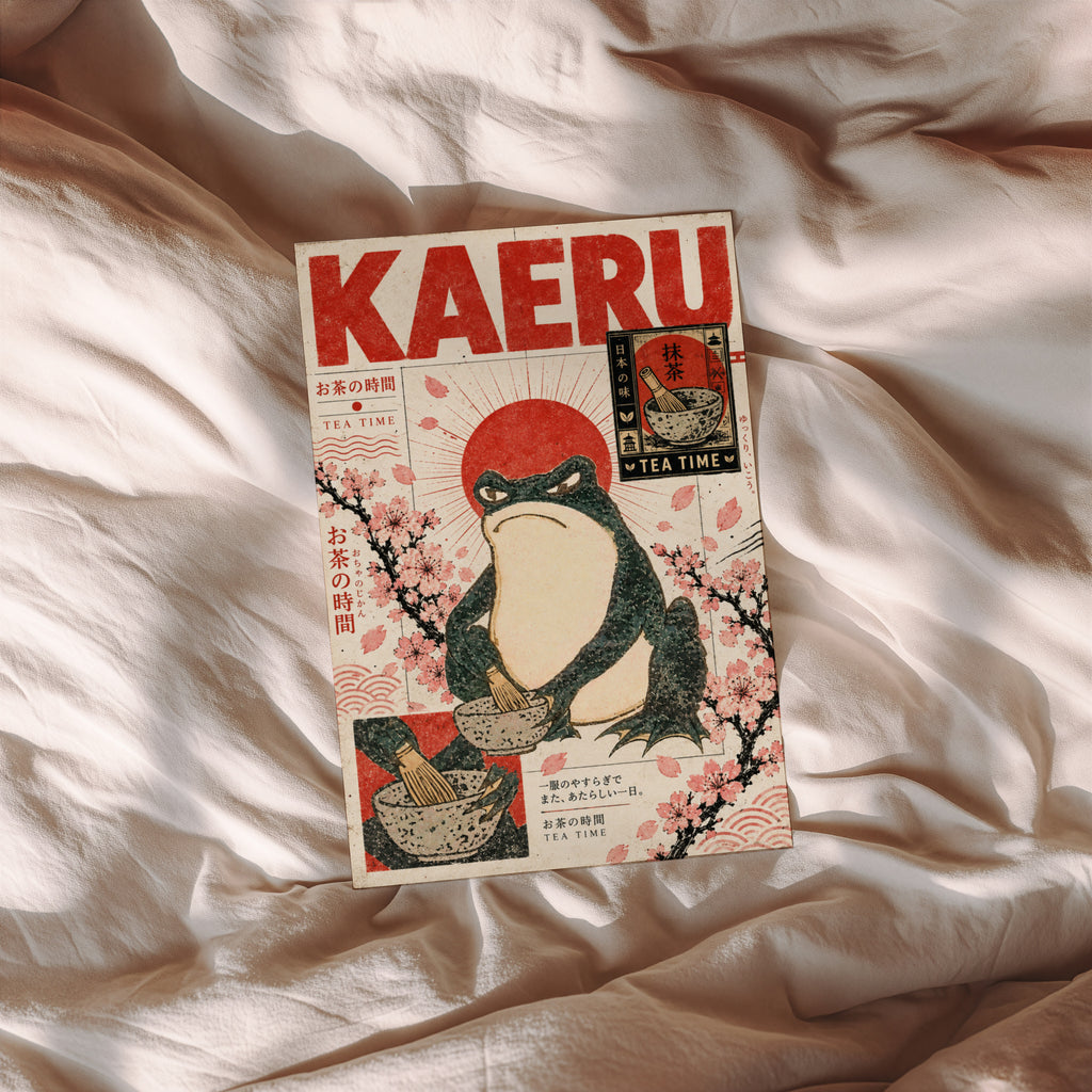 Vintage Japanese Frog Print, Matcha Tea Time Poster