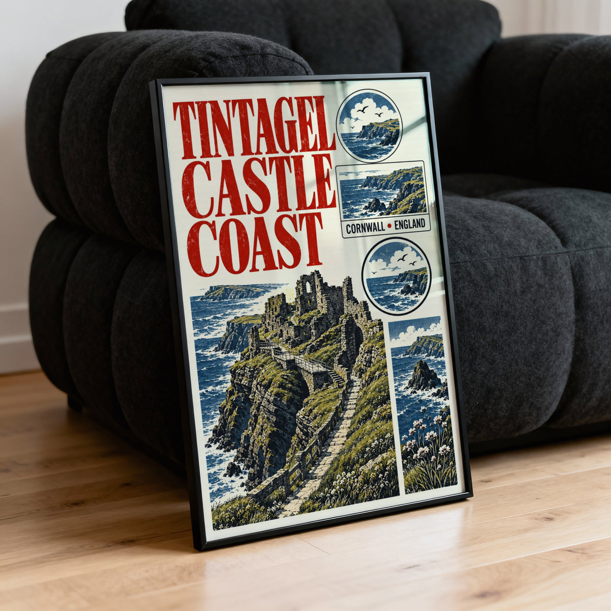 Vintage Tintagel Castle Poster, Cornwall Coast Print