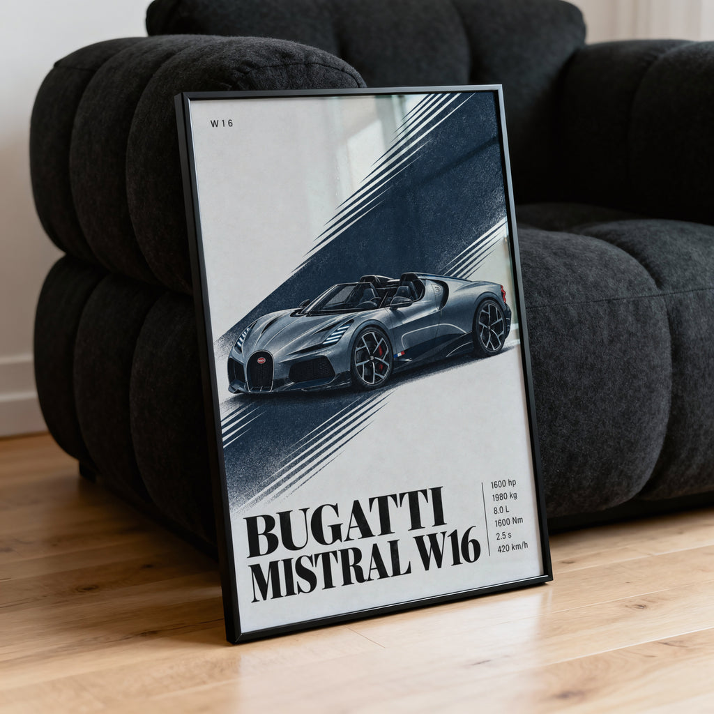 Vintage Bugatti Mistral W16 Print, Car Wall Art