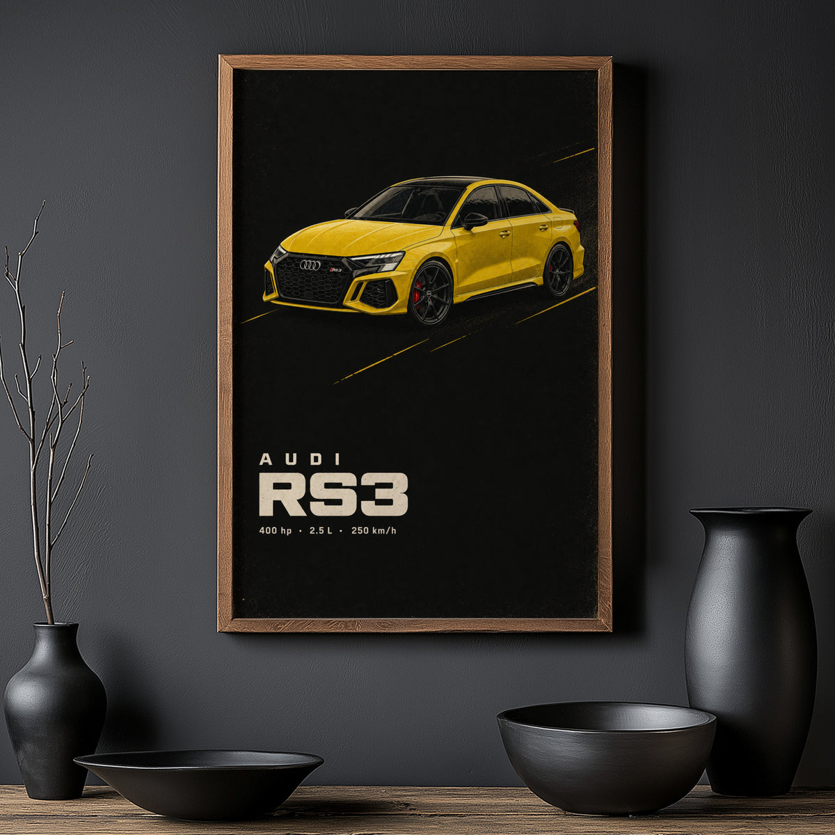 Vintage Audi RS3 Print, Yellow Car Wall Art