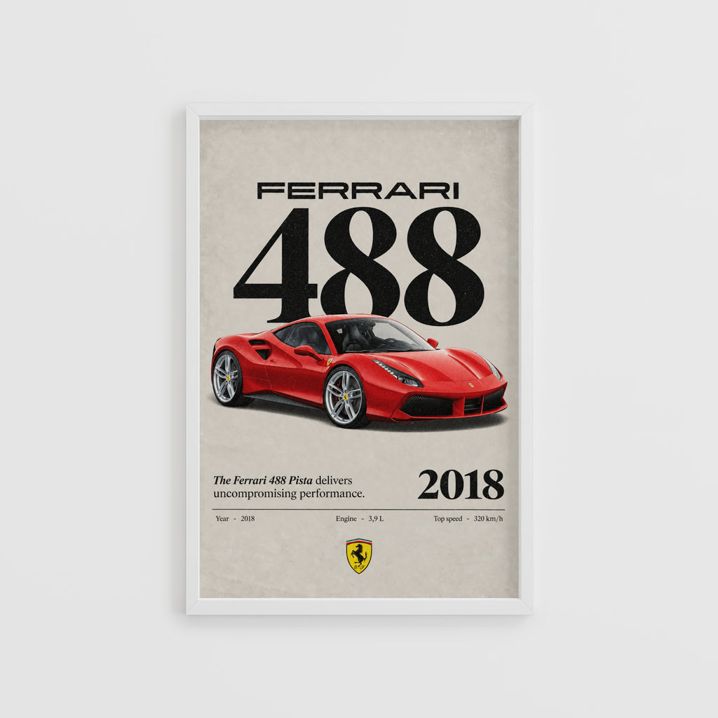 Vintage Ferrari 488 Pista Print, Red Supercar Art